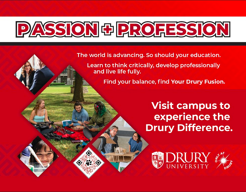 A table cling made for Battlefield Mall displaying photos of students, faculty, and programs at Drury University.